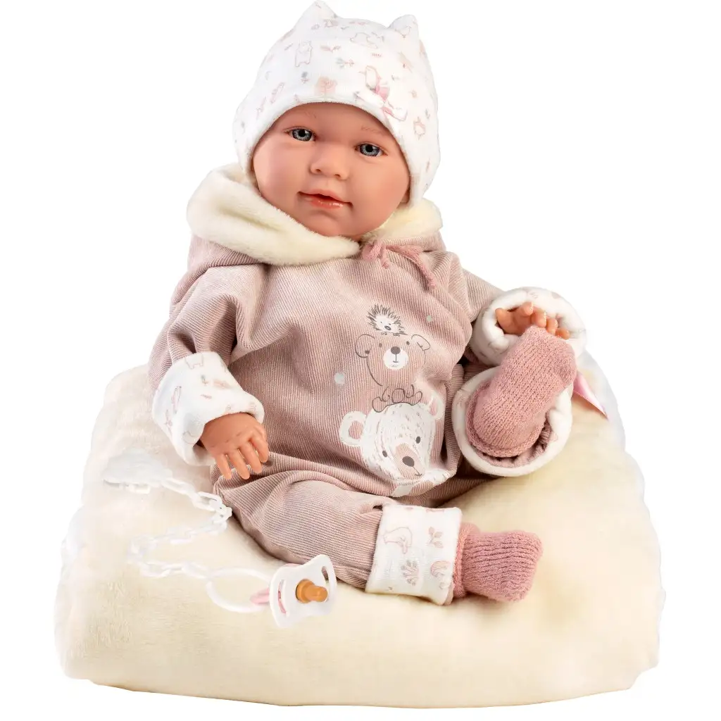 Llorens: Lala 42 cm große Puppe mit Geräuschen in Bärenkleidung, mit Bettchen kép 2