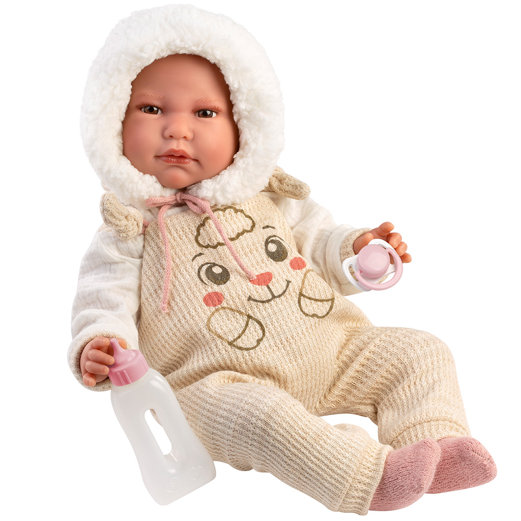 Llorens: Luis, 45 cm große weinende Babypuppe mit Fläschchen und Schnuller.
