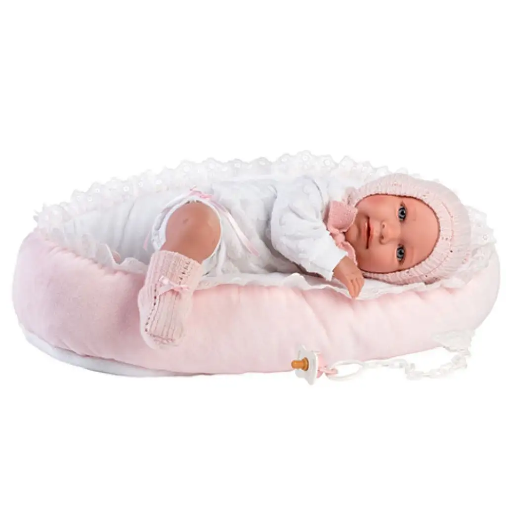 Llorens: Mimi 42cm-es síró kislány baba pink ruhában bölcsővel kép 3
