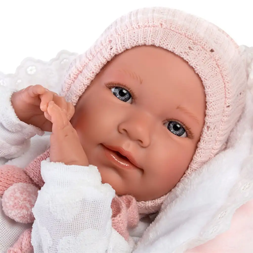 Llorens: Mimi 42cm-es síró kislány baba pink ruhában bölcsővel kép 4