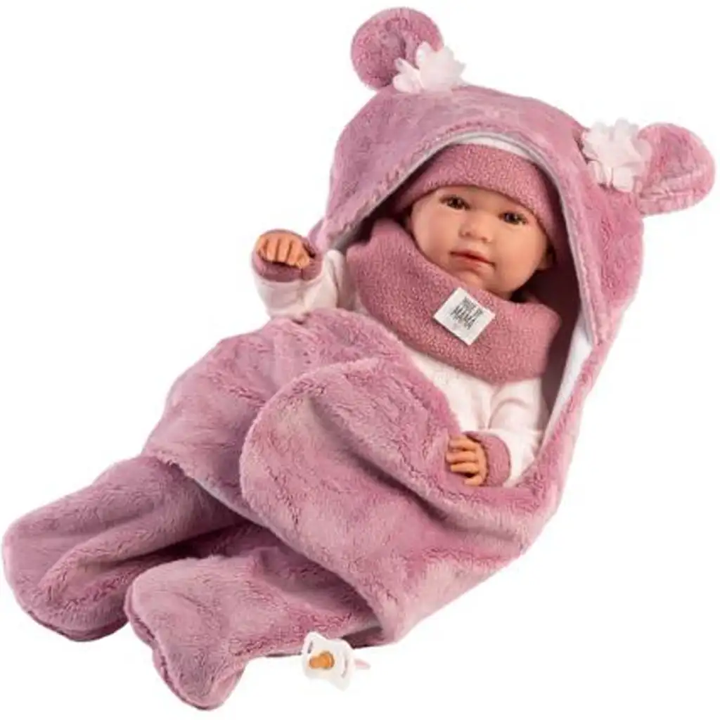 Llorens: Mimi 42 cm große weinende Puppe mit rosa Bärenohren und weichem Schlafsack kép 2