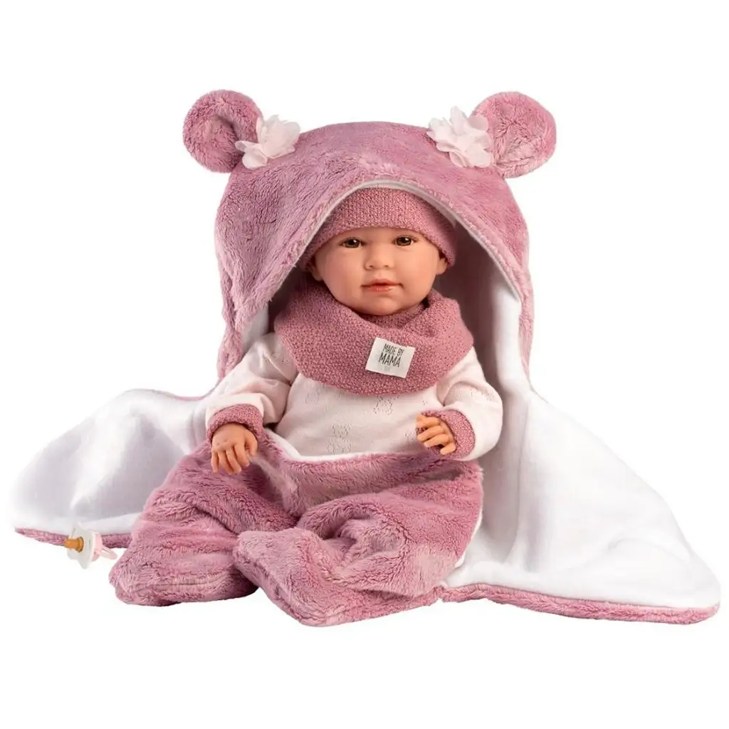 Llorens: Mimi 42 cm große weinende Puppe mit rosa Bärenohren und weichem Schlafsack