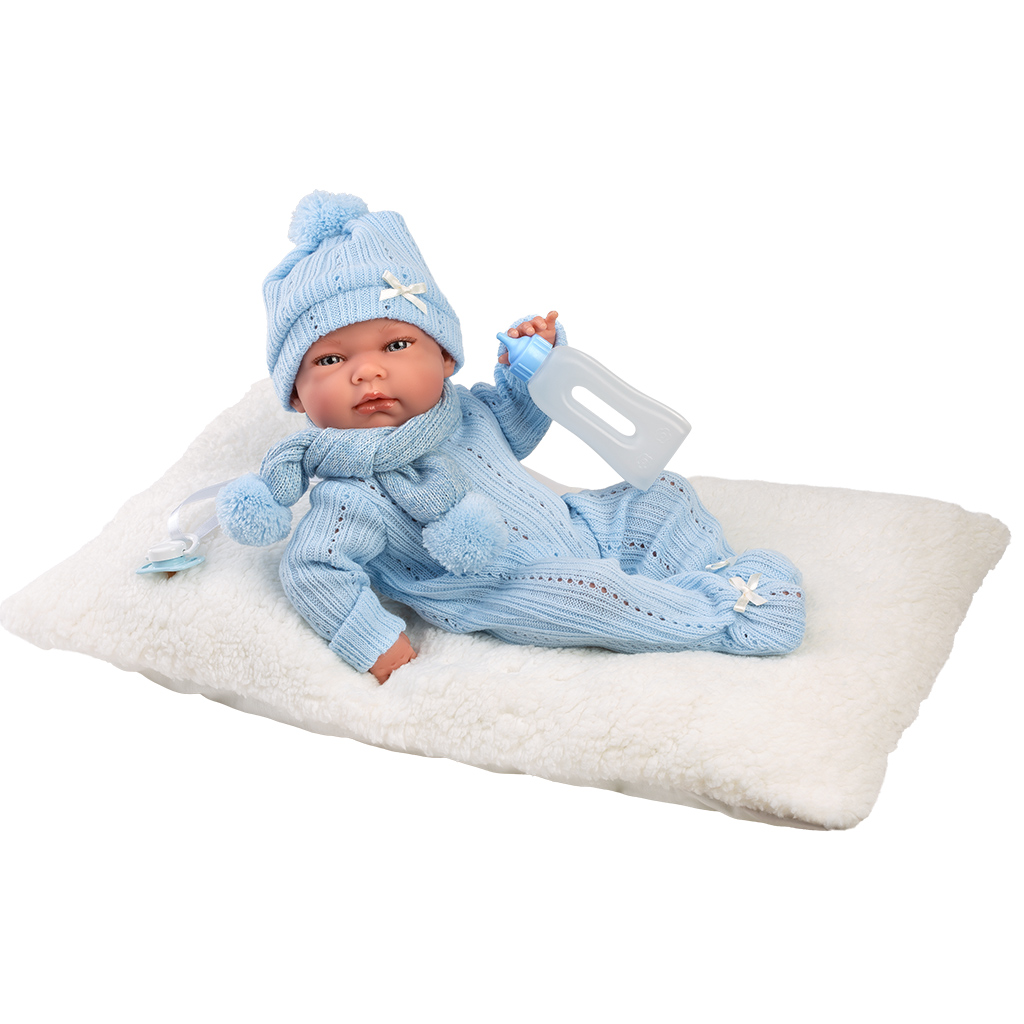 Llorens: Nico, 40 cm große Neugeborenenpuppe mit Fläschchen und Kissen.