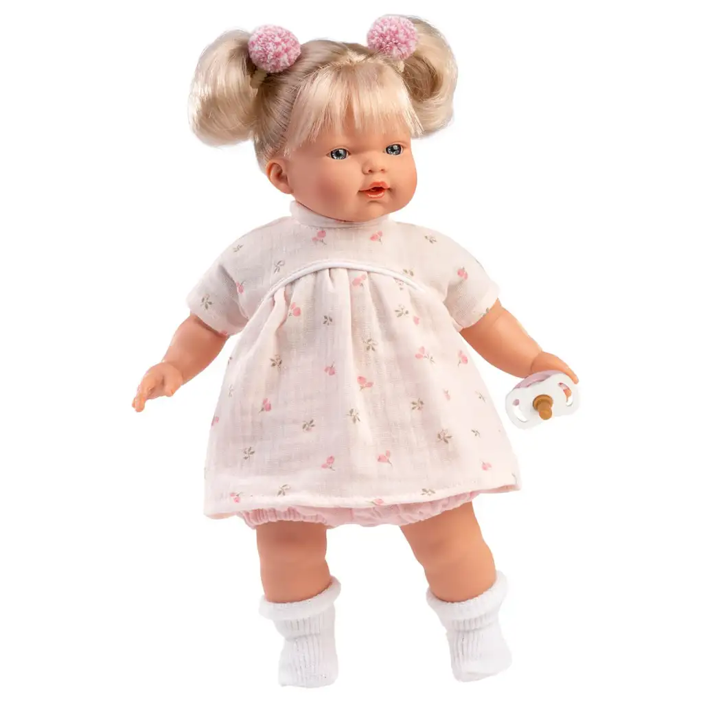 Llorens: Roberta 33 cm große weinende Puppe mit Schnuller im geblümten Kleid kép 3
