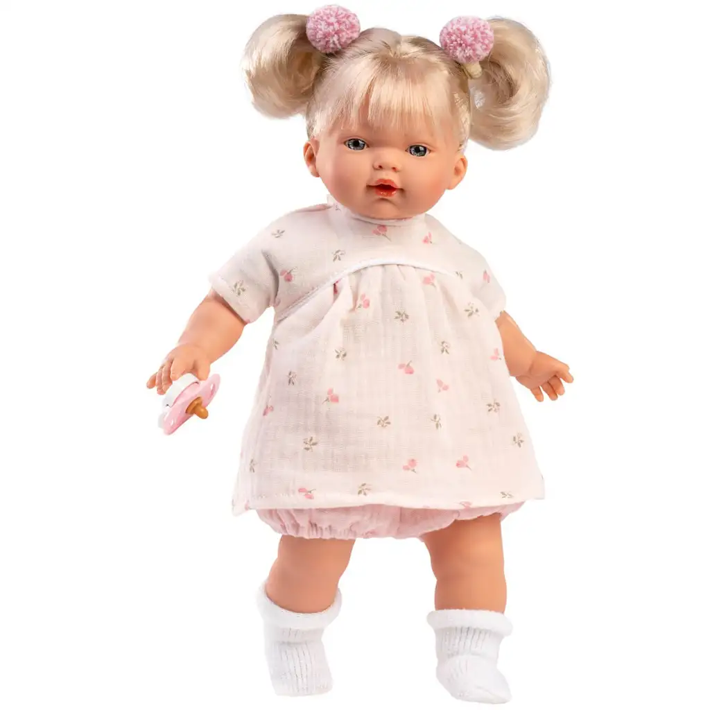 Llorens: Roberta 33 cm große weinende Puppe mit Schnuller im geblümten Kleid