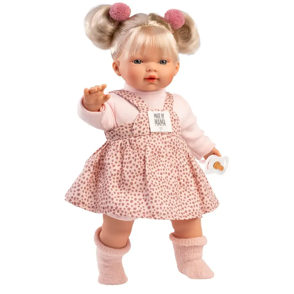 Llorens: Roberta 33 cm große weinende Puppe mit Schnuller im gepunkteten Kleid kép 3