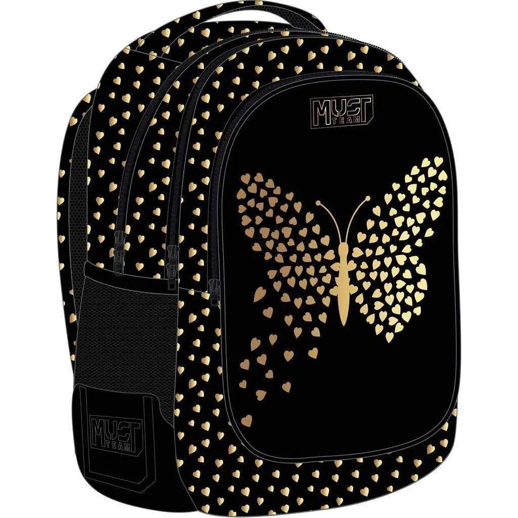 Luna: Must schwarzer Rucksack mit Schmetterlingen, 3 Fächer, 32x18x43cm