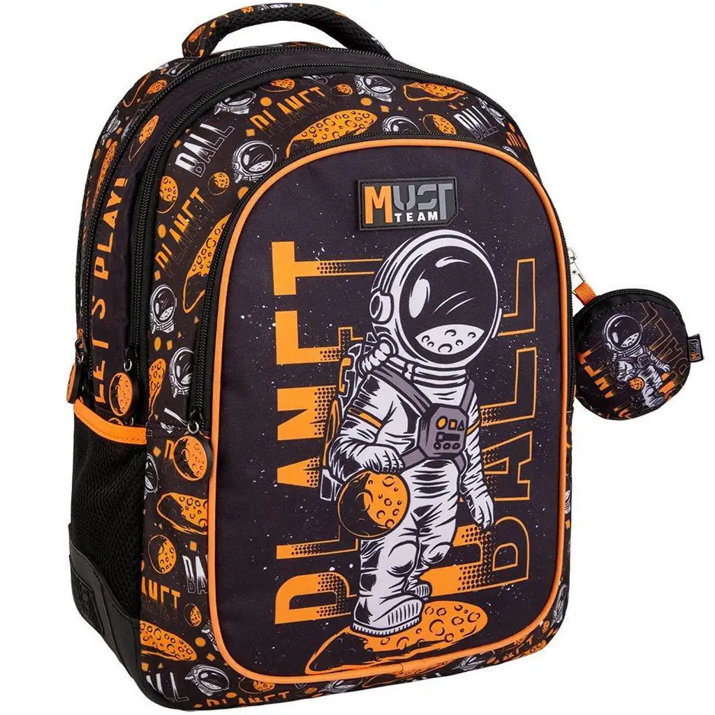 Luna: Must Team Astronaut schwarz-orange abgerundeter Schulrucksack mit 3 Fächern, 32x18x43 cm
