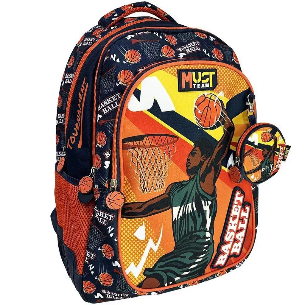 Luna: Must Team Basketball-Muster orange-blauer abgerundeter Schulrucksack mit 3 Fächern, 32x18x43cm