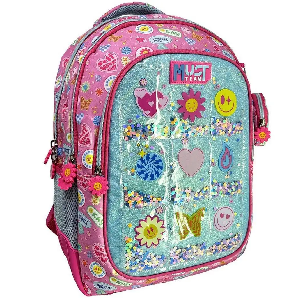 Luna: Must Team Good Vibes Smiley gemusteter, abgerundeter Schulranzen mit 3 Fächern, Rucksack 32x18x43 cm