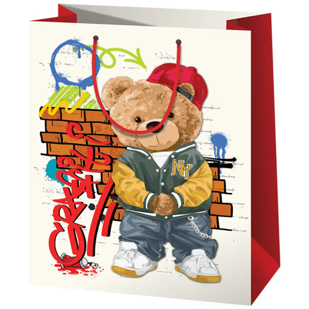 Bär mit Mütze mittelgroße Geschenktasche 18x10x23cm