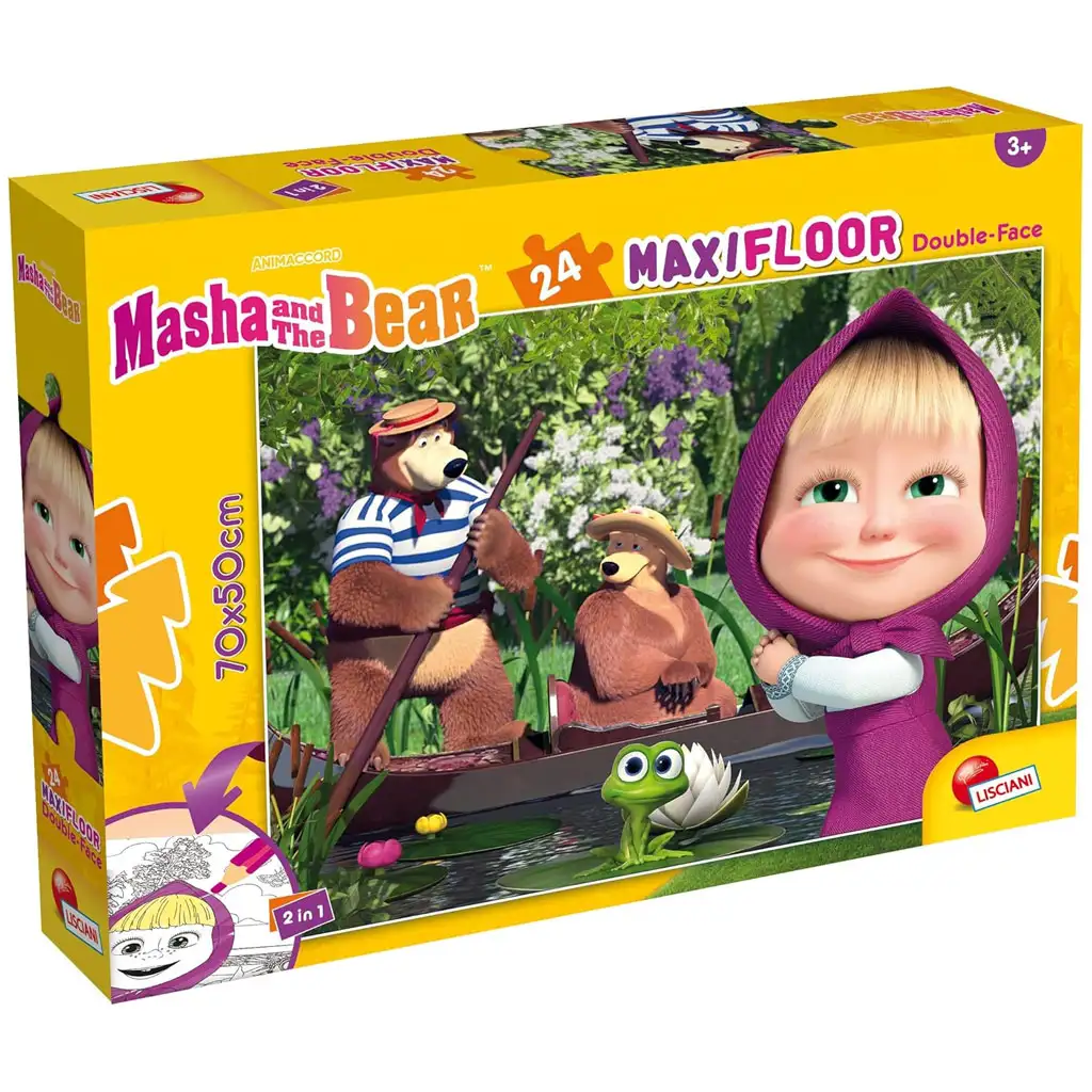 Mascha und der Bär 2-in-1 Maxi-Bodenpuzzle mit 24 Teilen und Malbuch, 70x50 cm – Lisciani
