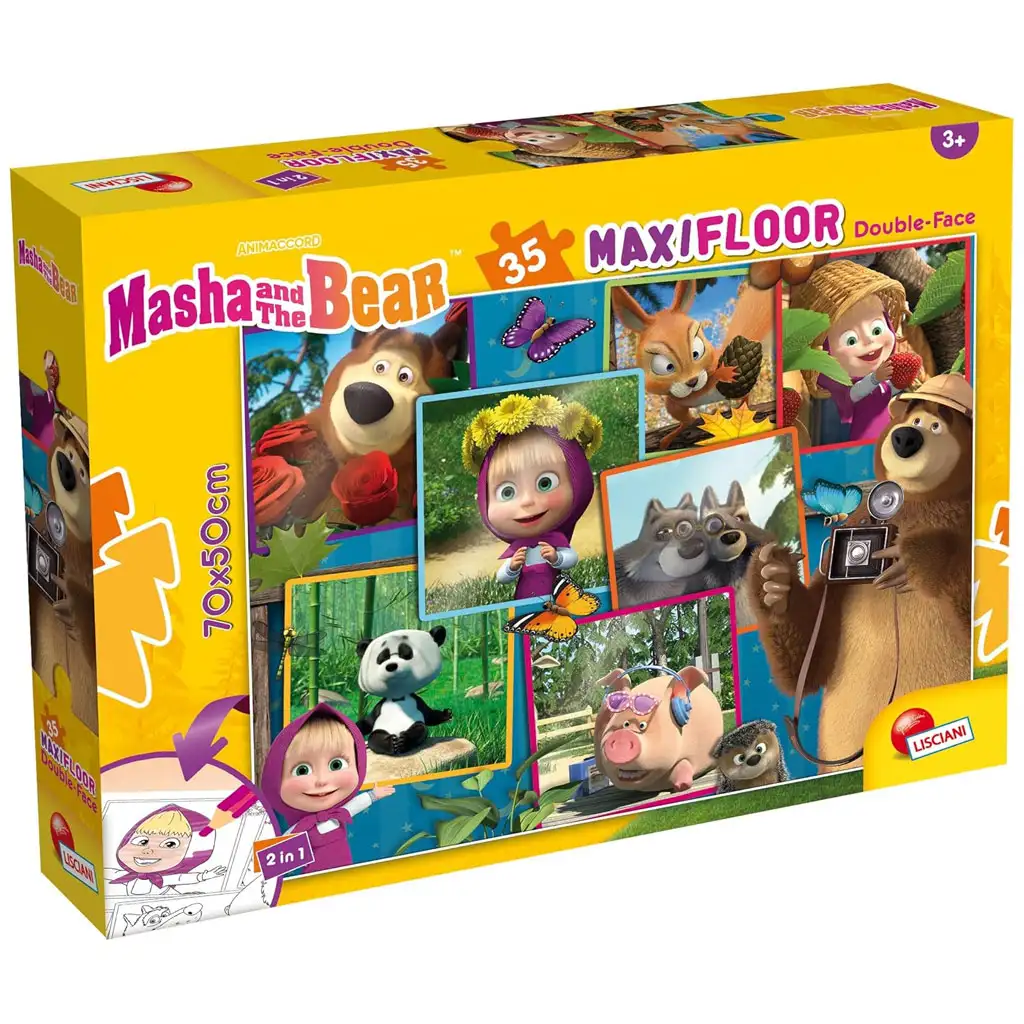 Masha und der Bär Bilder 2-in-1 Maxi Bodenpuzzle mit 35 Teilen und Ausmalbild 70x50cm – Lisciani