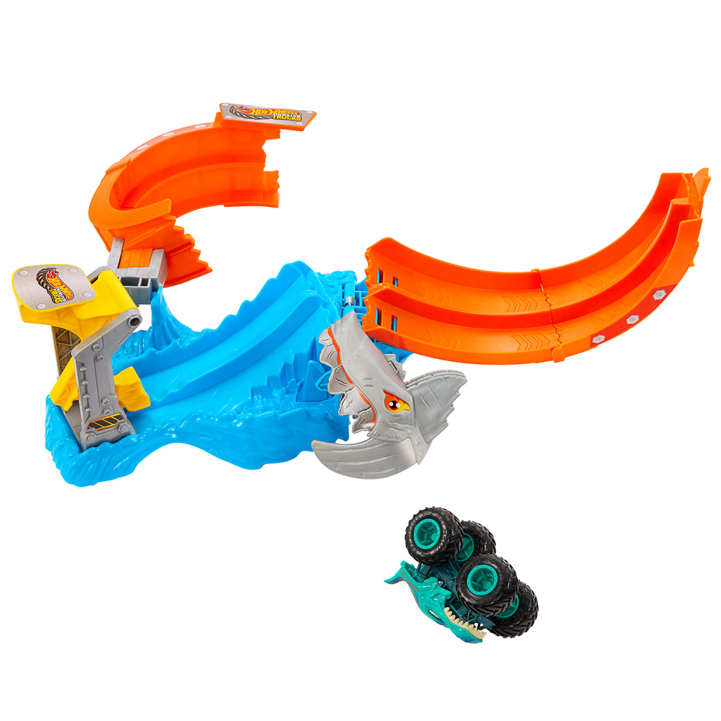 Hot Wheels Monster Trucks: Spiral Shark Smash Spielset mit Mega-Wrex Auto – Mattel kép 3