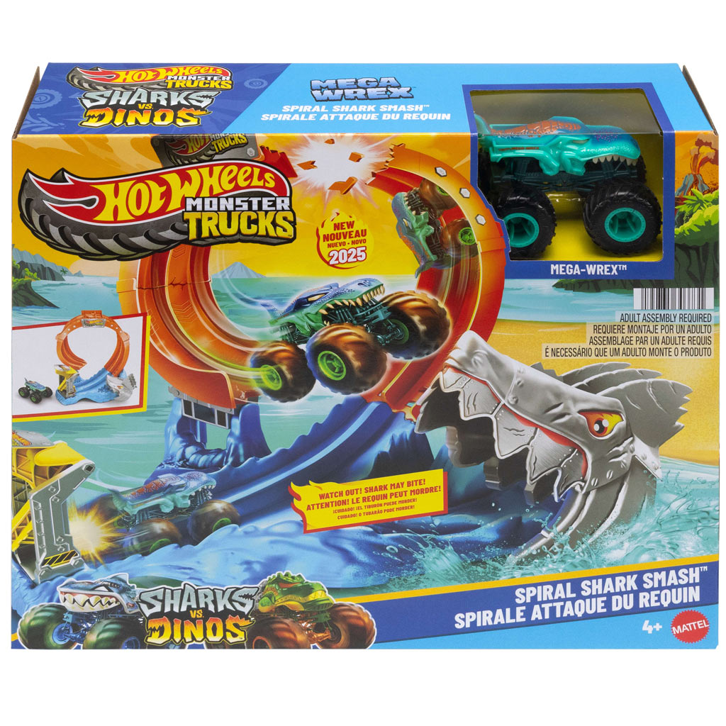 Hot Wheels Monster Trucks: Spiral Shark Smash Spielset mit Mega-Wrex Auto – Mattel