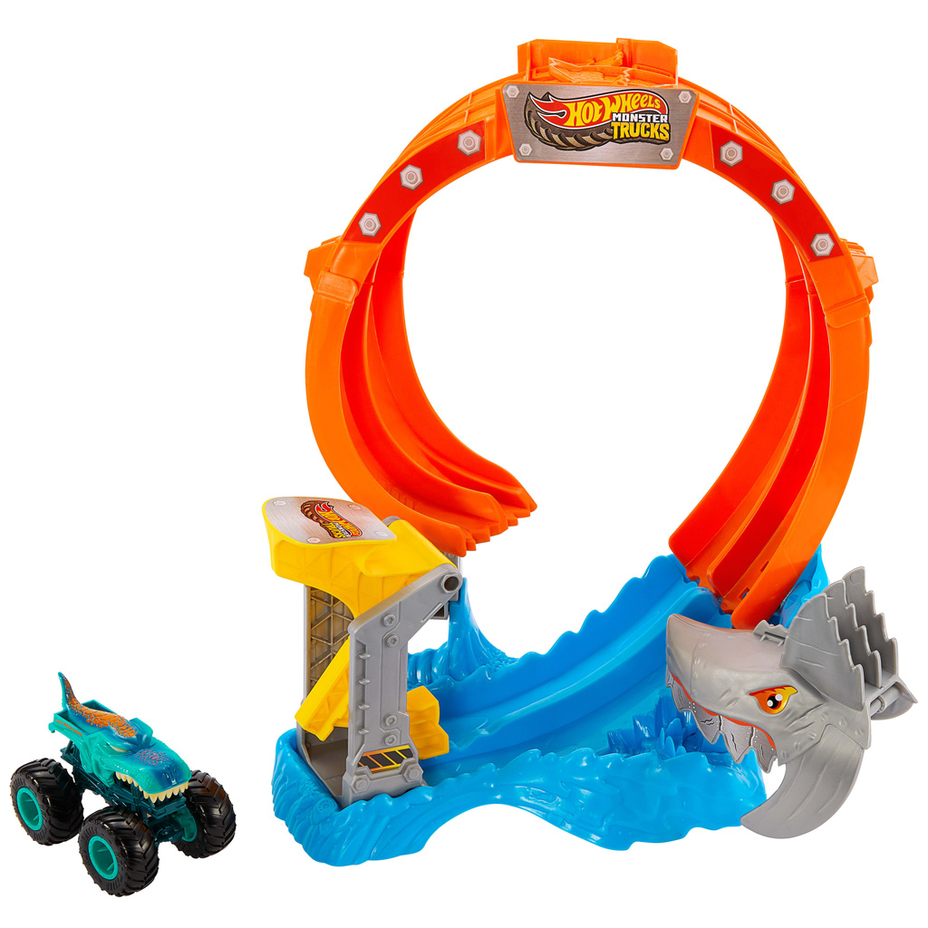 Hot Wheels Monster Trucks: Spiral Shark Smash Spielset mit Mega-Wrex Auto – Mattel kép 2