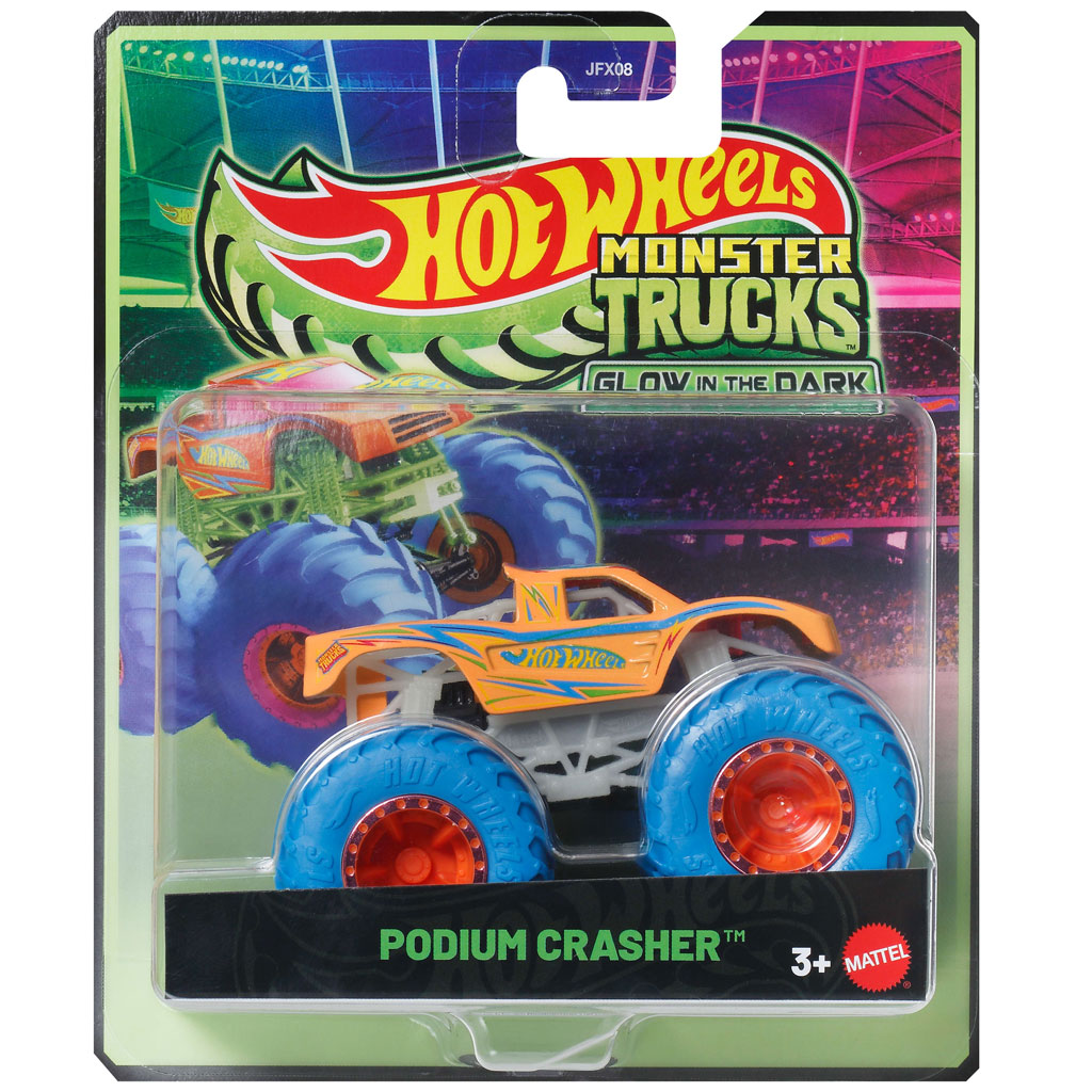 Hot Wheels Monster Trucks: Podium Crasher – oranges, im Dunkeln leuchtendes Spielzeugauto im Maßstab 1:64 – Mattel
