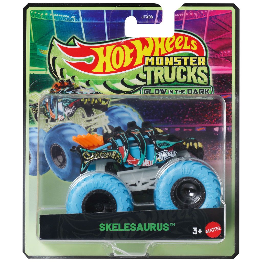 Hot Wheels Monster Trucks: Skelesaurus – im Dunkeln leuchtendes Miniaturauto 1/64 – Mattel
