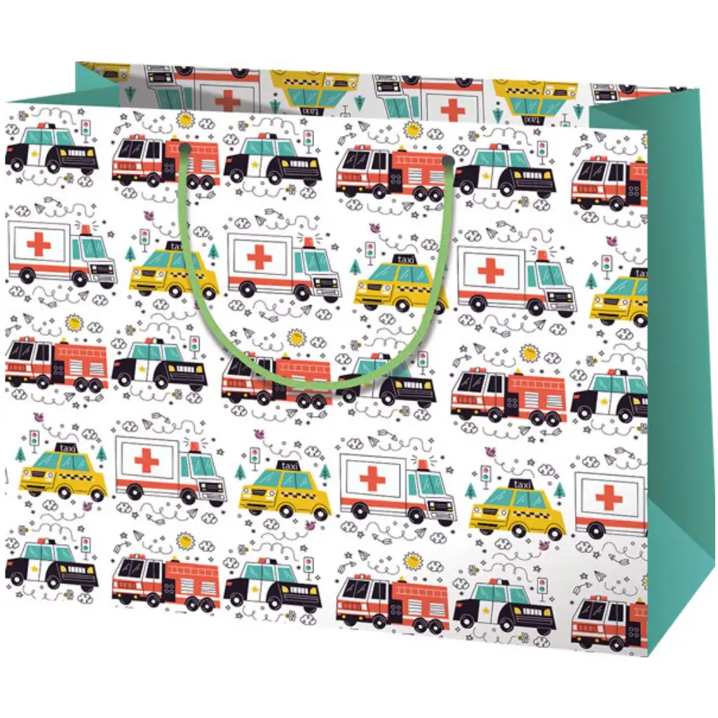 Geschenktasche mit Rettungsdienst-, Polizei- und Feuerwehrmuster, mittelgroß, 23x10x17,8 cm