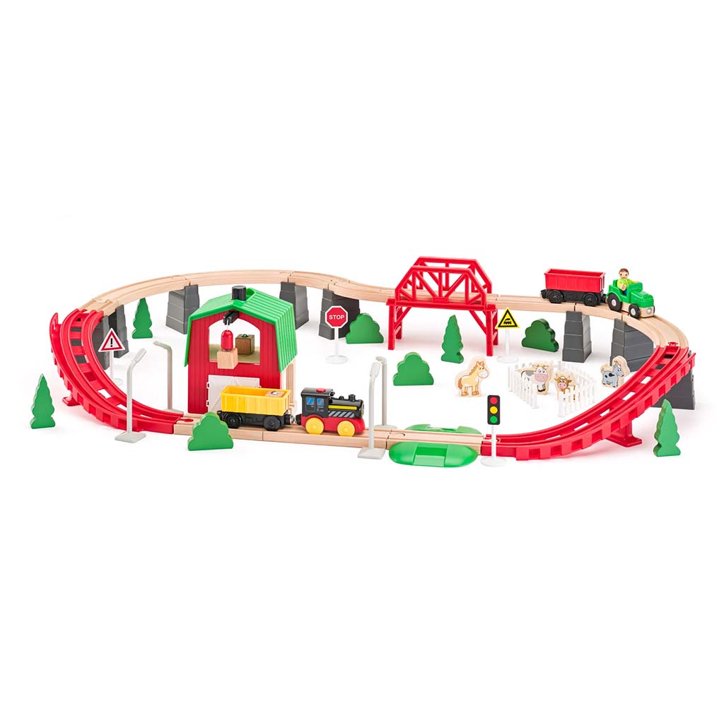Holzeisenbahn für die Landwirtschaft mit Zug und weiterem Zubehör, 60-teilig - Woodyland kép 2