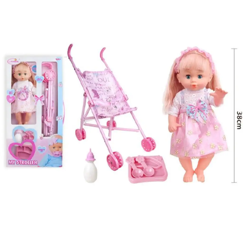 Blonde Haar Puppe mit Kinderwagen, Babyflasche und Essgeschirr. kép 2
