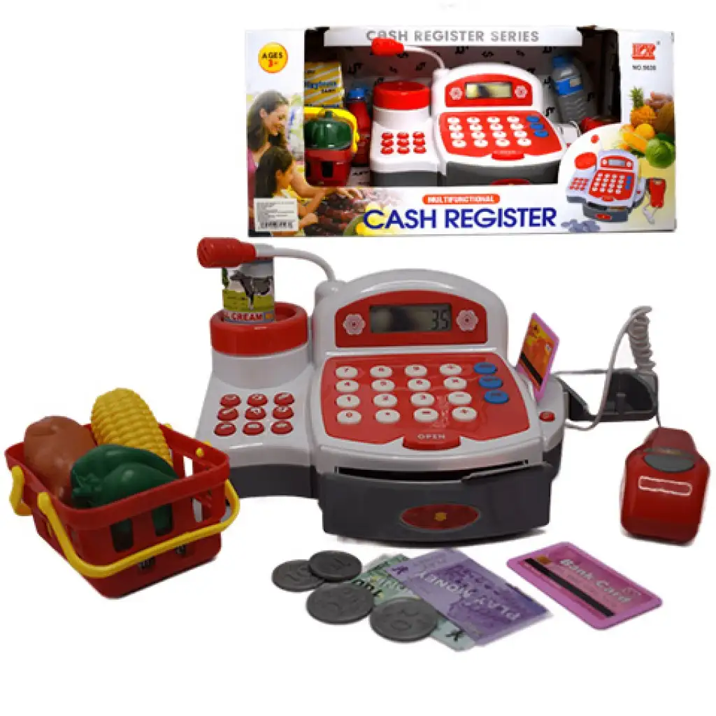 Rote funktionale elektrische Registrierkasse mit Spielgeld, Produkten und Geräuschen kép 2