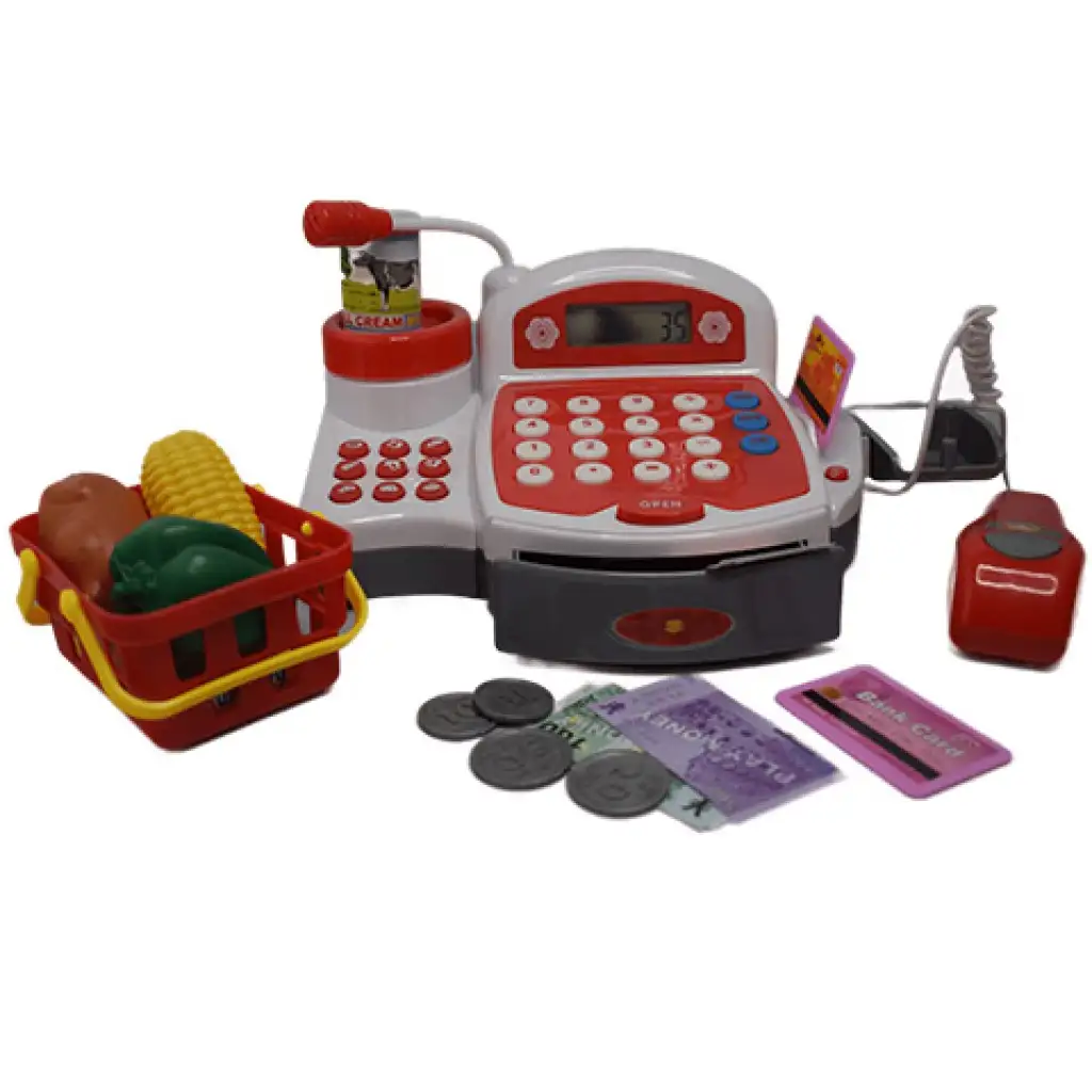 Rote funktionale elektrische Registrierkasse mit Spielgeld, Produkten und Geräuschen kép 3