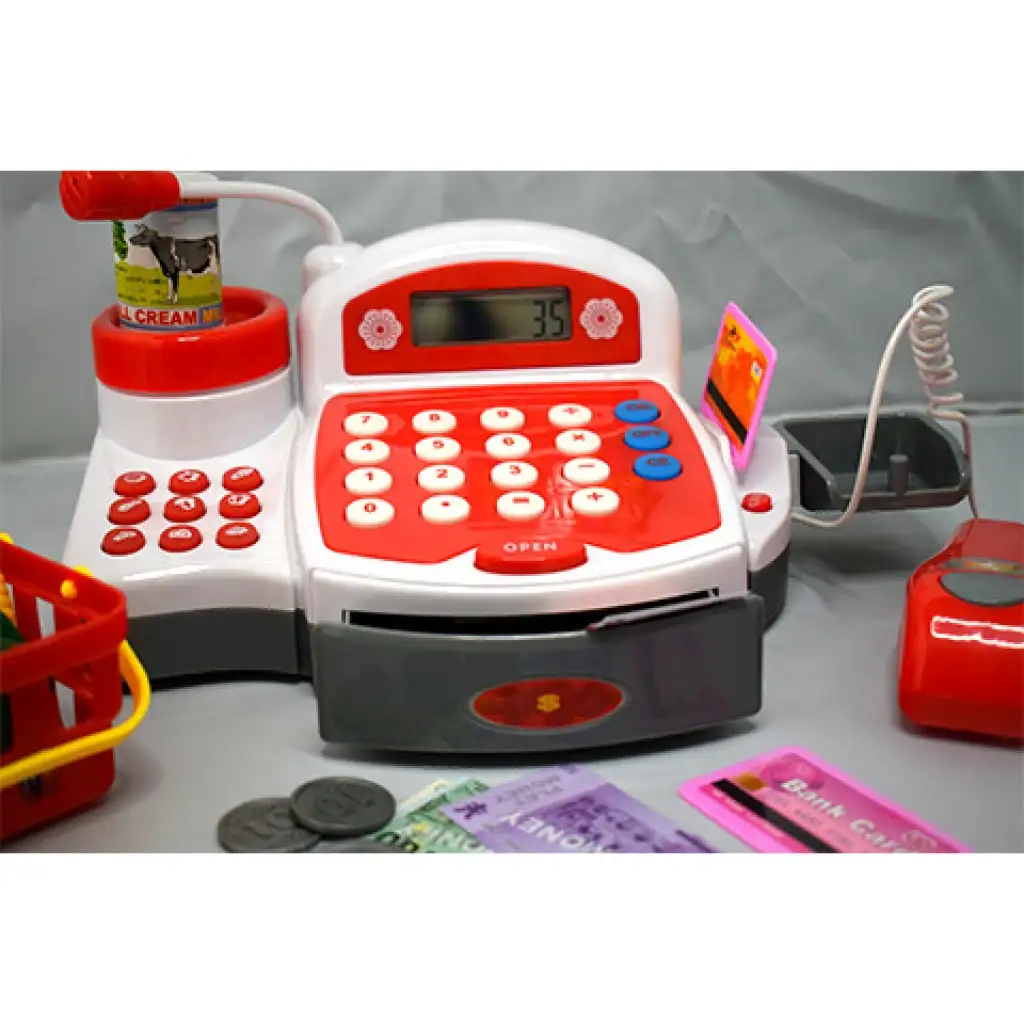 Rote funktionale elektrische Registrierkasse mit Spielgeld, Produkten und Geräuschen kép 4