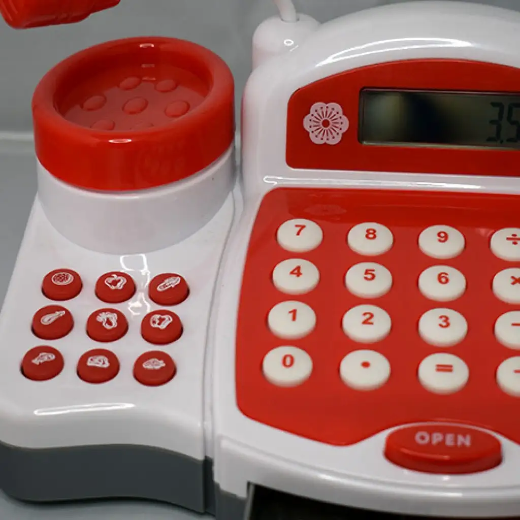 Rote funktionale elektrische Registrierkasse mit Spielgeld, Produkten und Geräuschen kép 5