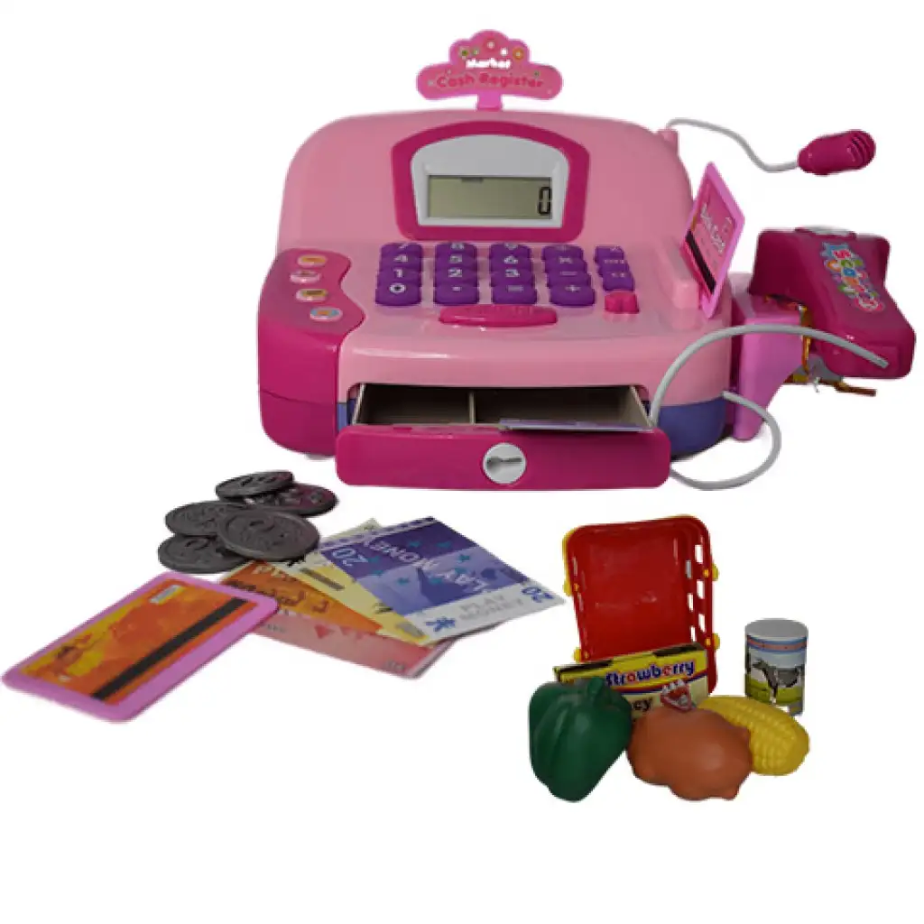 Rosa funktionale elektrische Registrierkasse mit Mikrofon, Spielgeld und Sound. kép 3