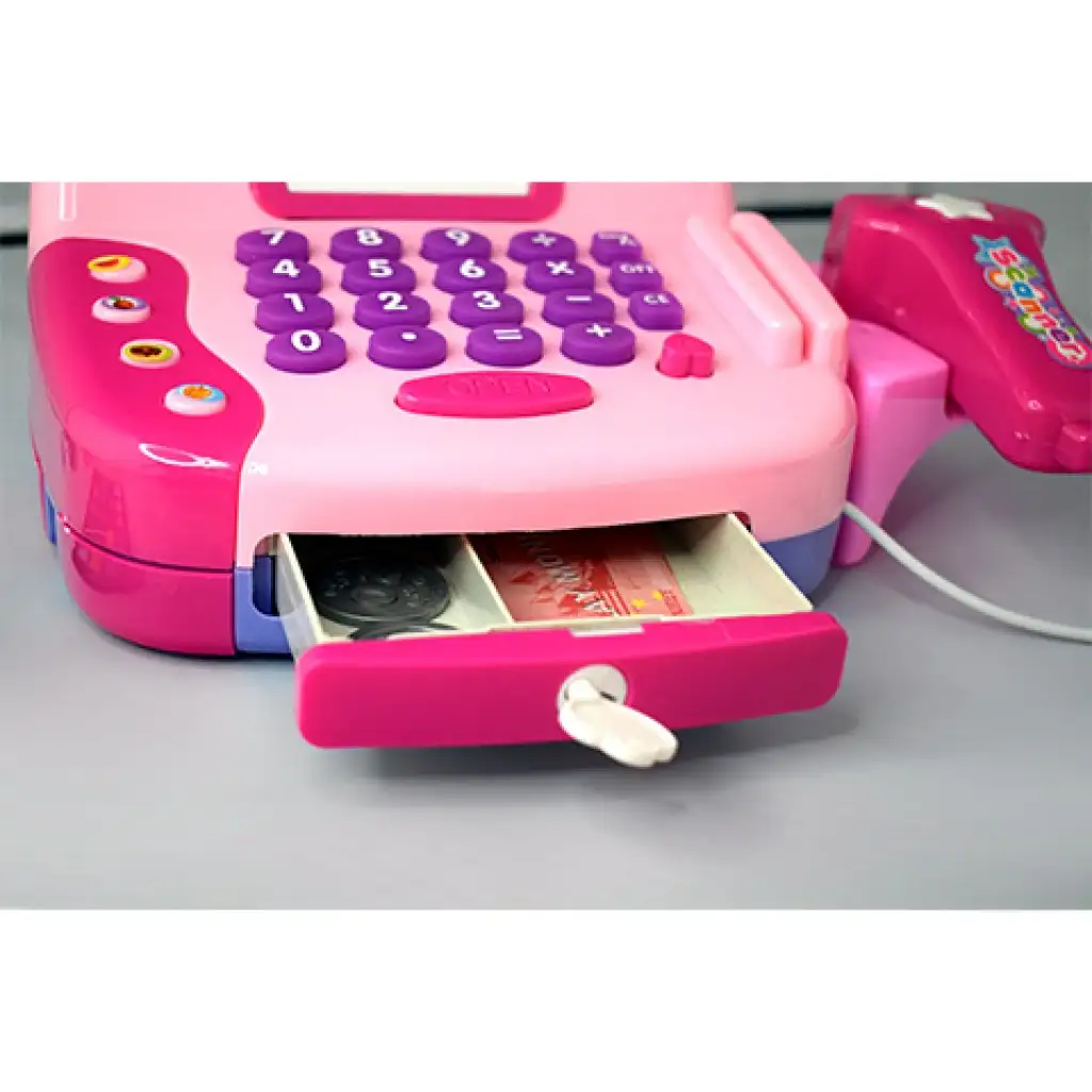 Rosa funktionale elektrische Registrierkasse mit Mikrofon, Spielgeld und Sound. kép 4