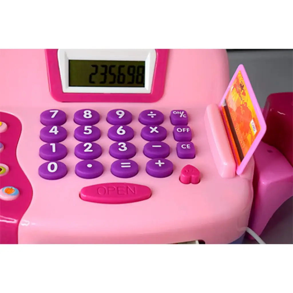 Rosa funktionale elektrische Registrierkasse mit Spielgeld und Sound kép 3