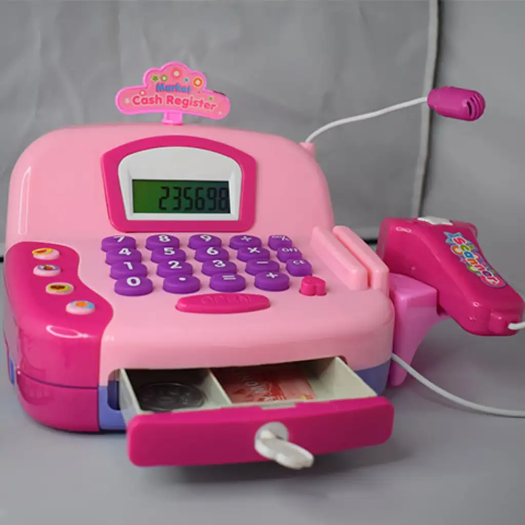 Rosa funktionale elektrische Registrierkasse mit Spielgeld und Sound kép 4