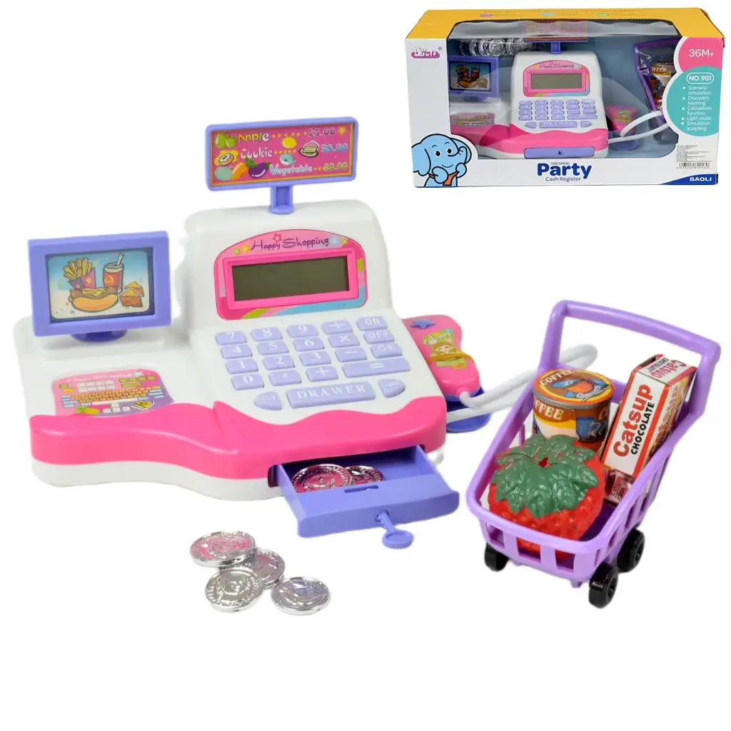 Happy Shopping: Weiß-rosa Registrierkasse mit Sound und Zubehör 20x12cm