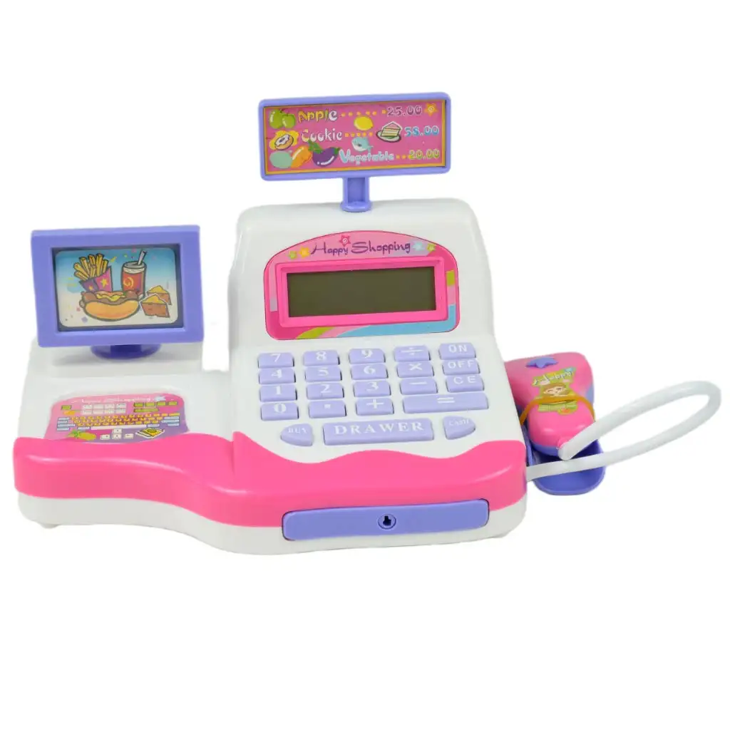Happy Shopping: Weiß-rosa Registrierkasse mit Sound und Zubehör 20x12cm kép 2