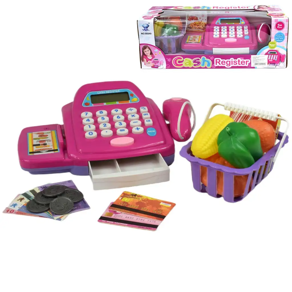 Rosa Registrierkasse mit Licht und Ton, Zubehör und Spielgeld, 24 cm