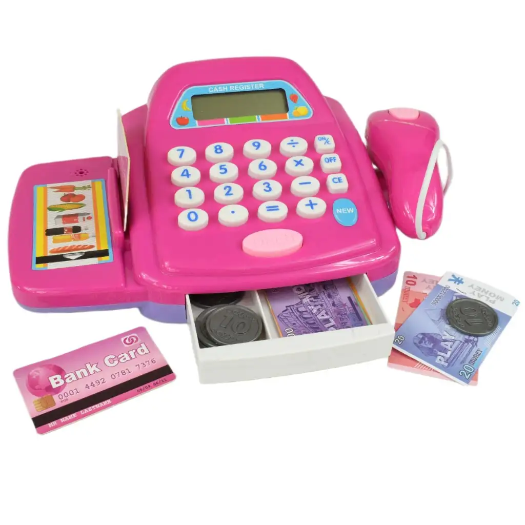 Rosa Registrierkasse mit Licht und Ton, Zubehör und Spielgeld, 24 cm kép 2
