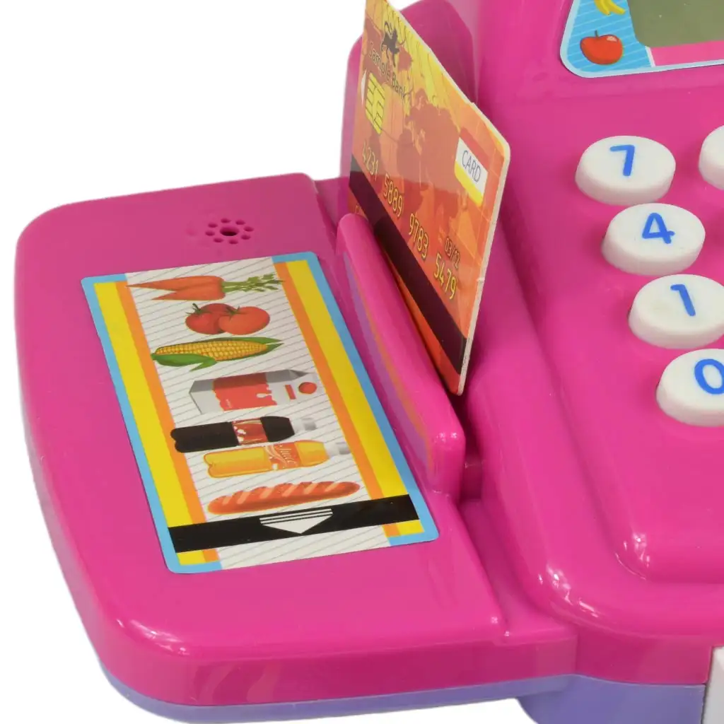 Rosa Registrierkasse mit Licht und Ton, Zubehör und Spielgeld, 24 cm kép 4
