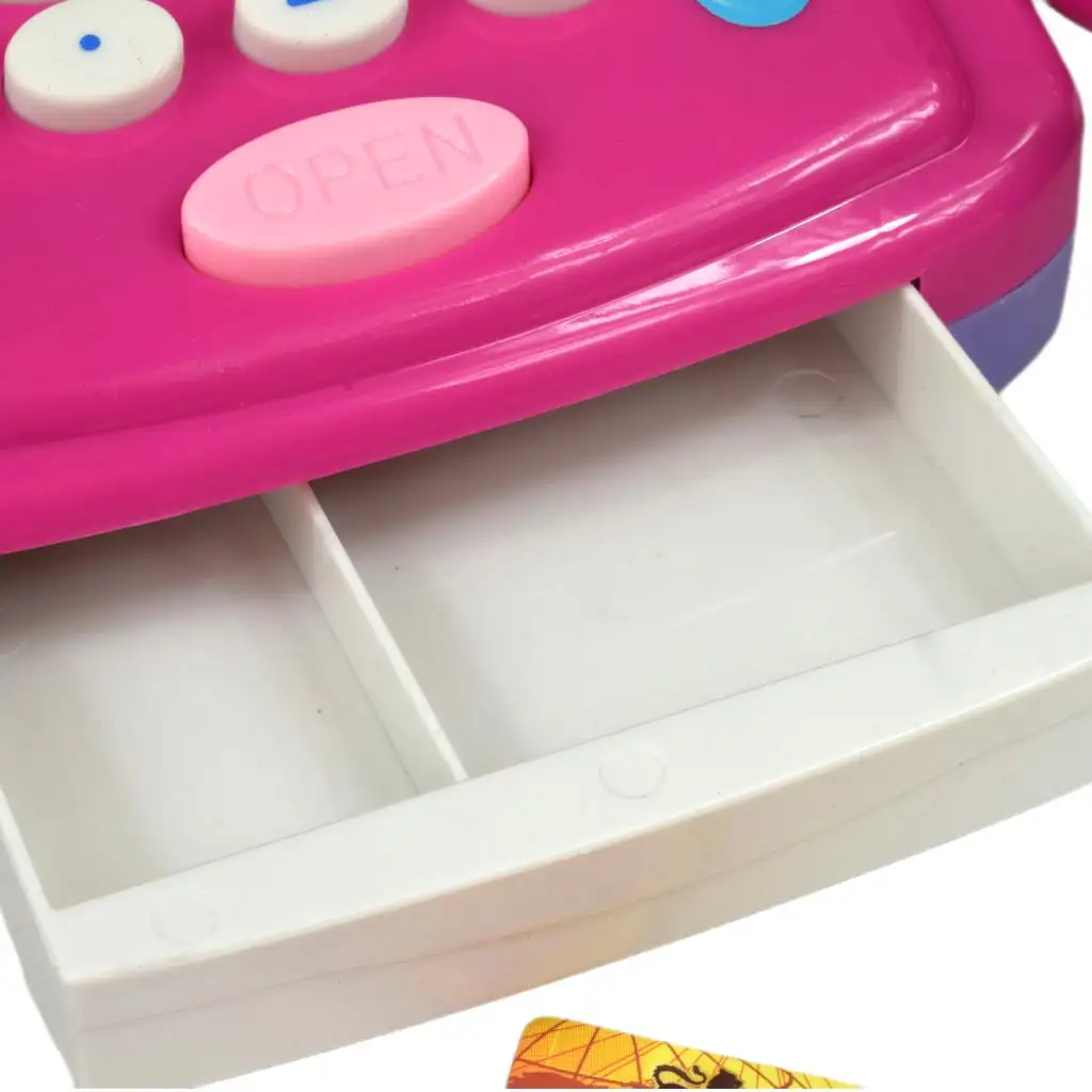 Rosa Registrierkasse mit Licht und Ton, Zubehör und Spielgeld, 24 cm kép 6