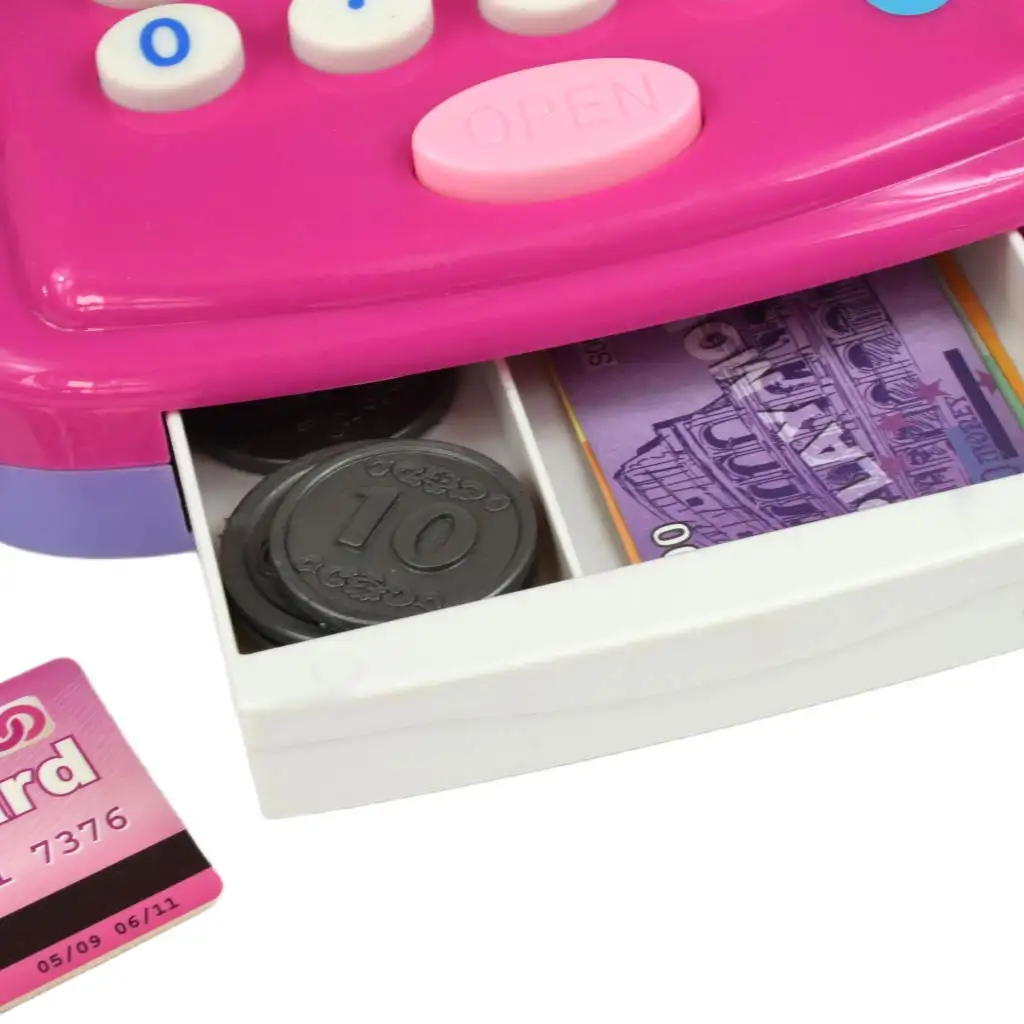 Rosa Registrierkasse mit Licht und Ton, Zubehör und Spielgeld, 24 cm kép 7
