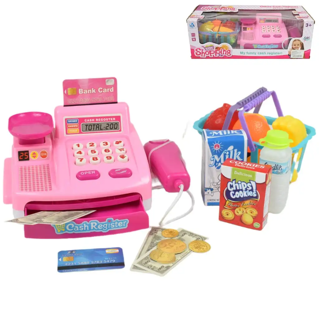 Happy Shopping: Rosa Registrierkasse mit Produkten, Sound und Zubehör 22x10x15cm