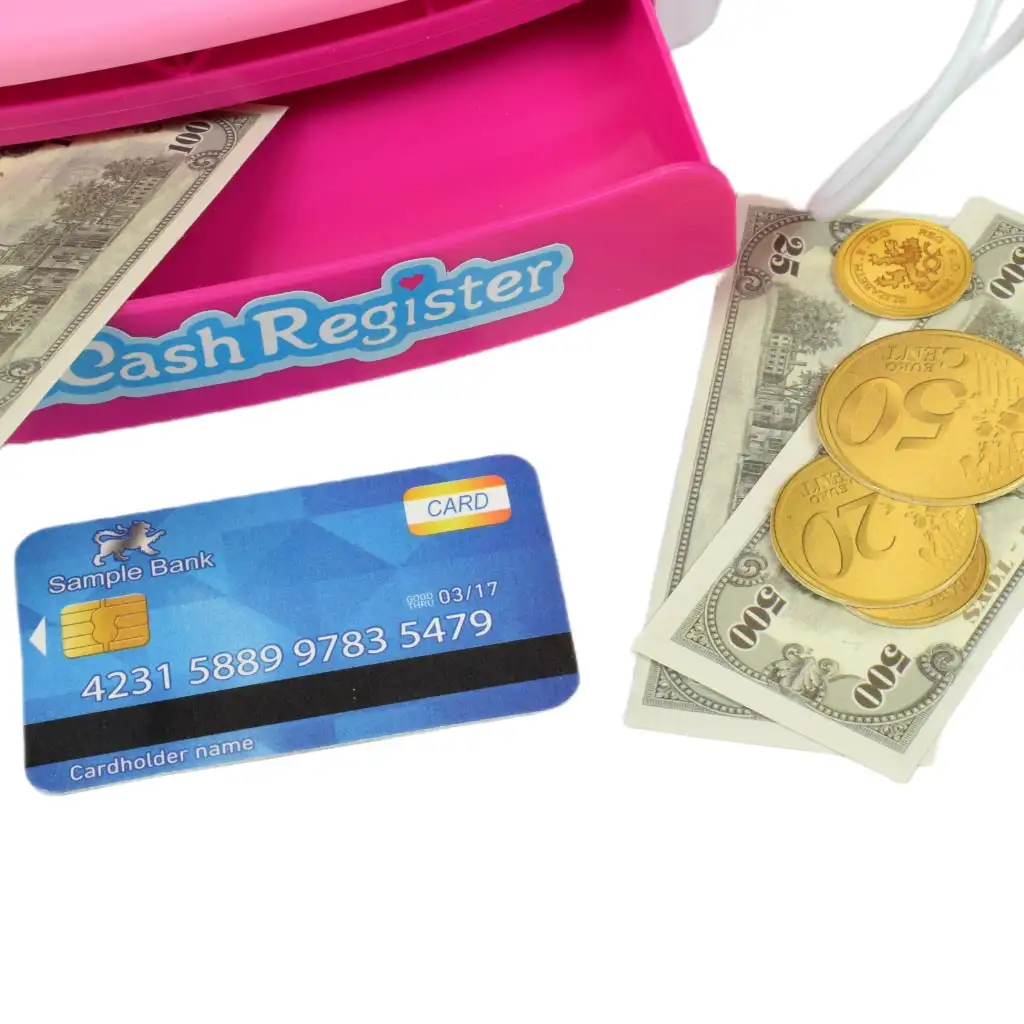 Happy Shopping: Rosa Registrierkasse mit Produkten, Sound und Zubehör 22x10x15cm kép 2