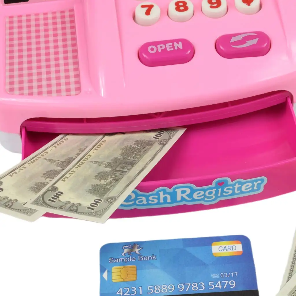 Happy Shopping: Rosa Registrierkasse mit Produkten, Sound und Zubehör 22x10x15cm kép 3