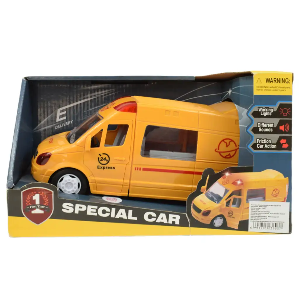 Special Car: Gelbes Express-Kurierauto mit Licht und Sound, Schwungradfunktion, 24 cm kép 8