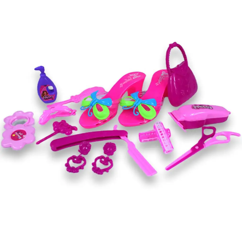 Schönheitsset mit Friseurbedarf, Schuhen und Ohrringen in einer Tasche kép 2