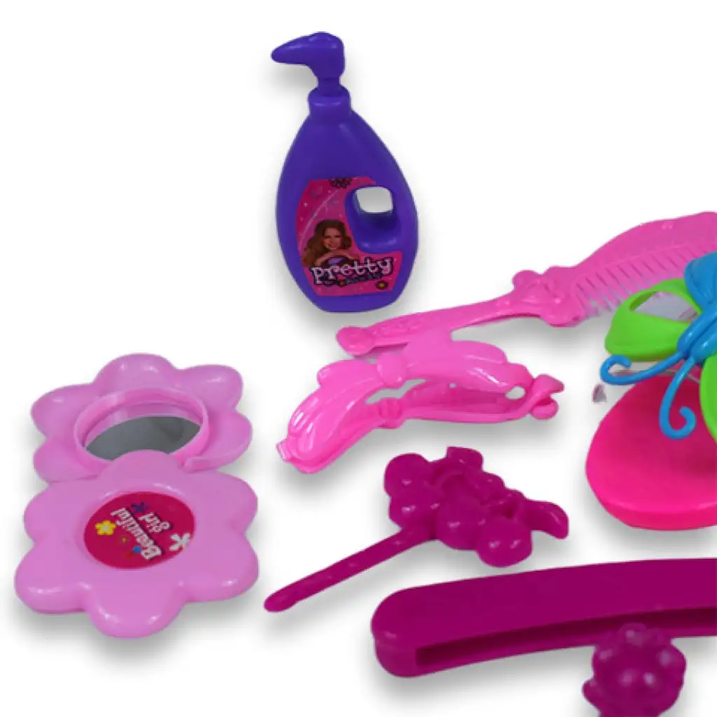 Schönheitsset mit Friseurbedarf, Schuhen und Ohrringen in einer Tasche kép 6