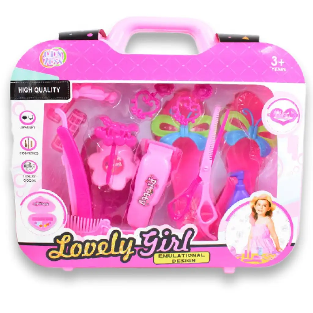 Schönheitsset mit Friseurbedarf, Schuhen und Ohrringen in einer Tasche kép 8