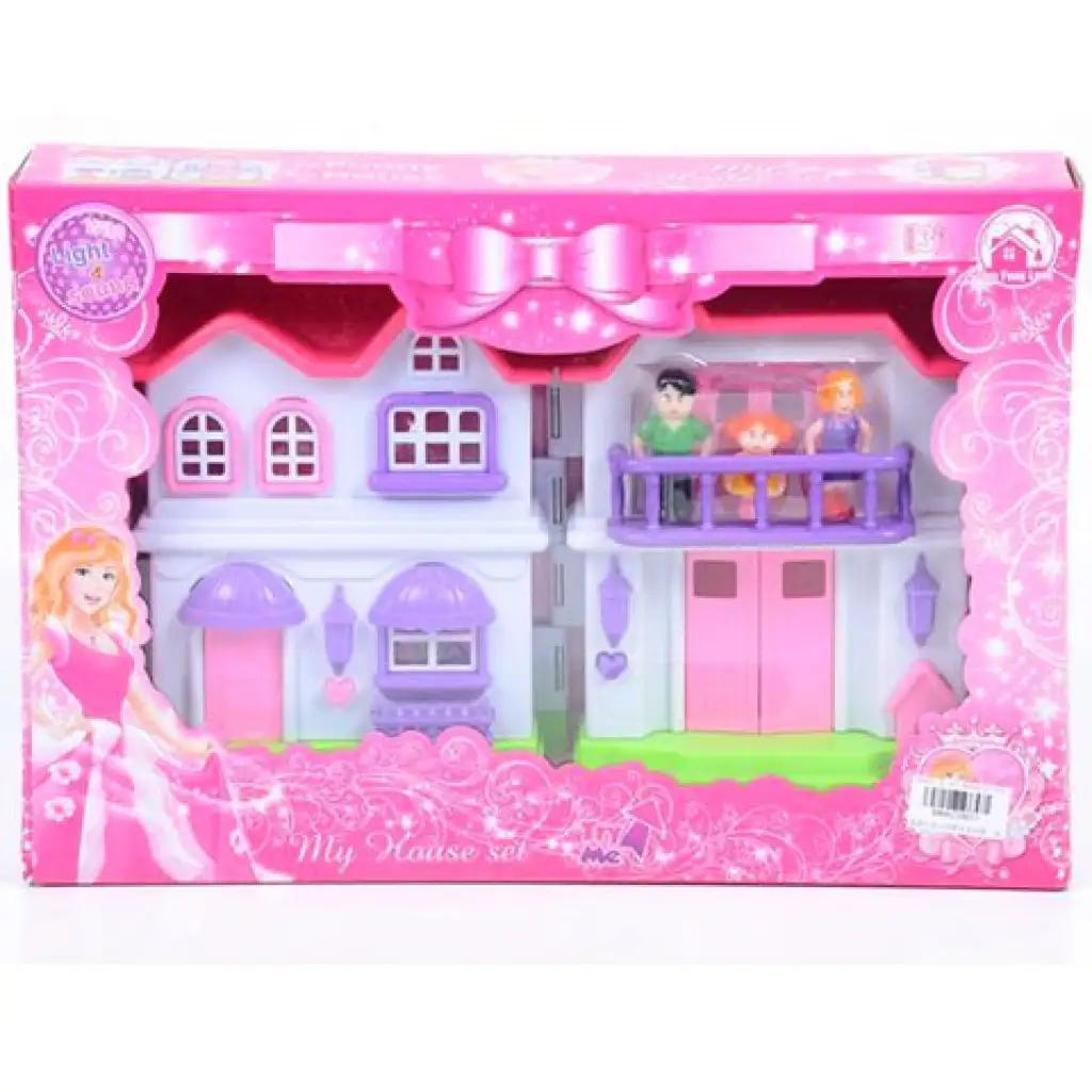 Rosa Familienvilla mit Möbeln und Puppenfamilie