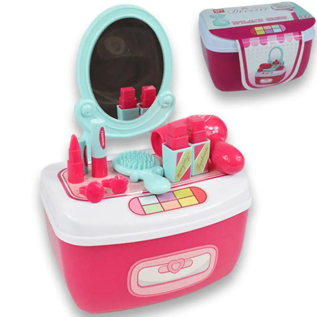 Schönheitsset mit Frisiertisch mit Spiegel und Schminke in einer Aufbewahrungsbox