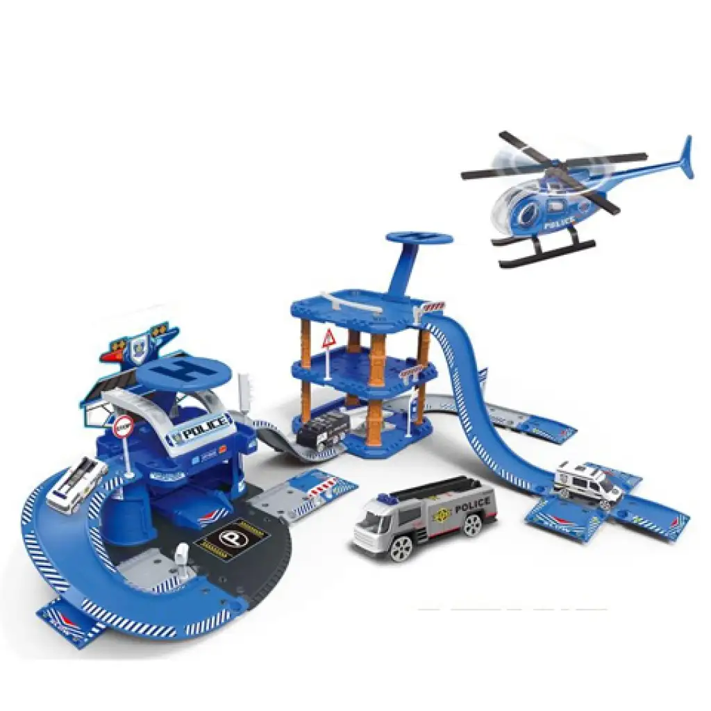 Rendőrségi kék parkolóház autókkal és helikopter leszállóval kép 2